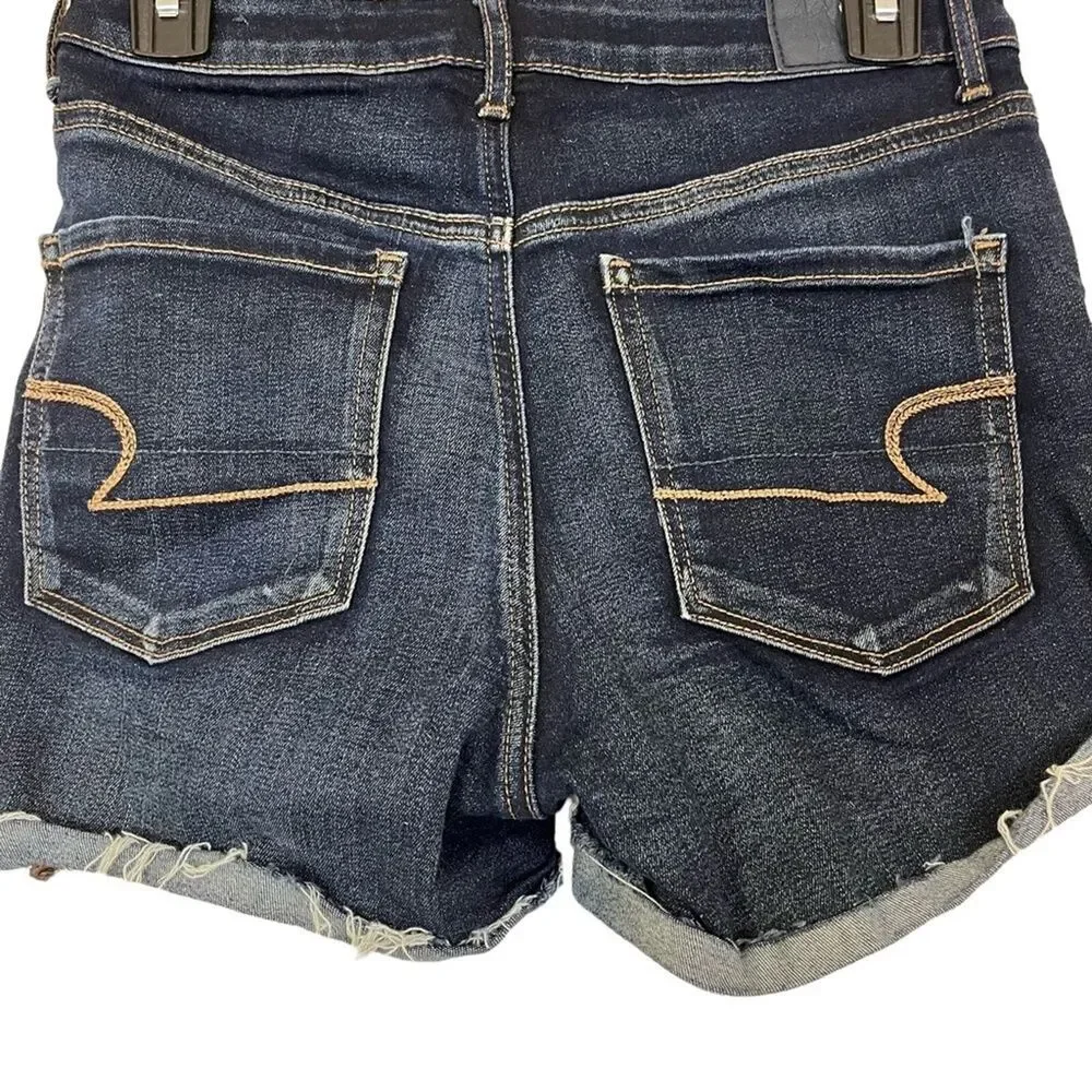 AMERICAN EAGLE SUPER HI RISE SHORTIE Raw Hem Cut Offs Dark Distressed Shorts 4